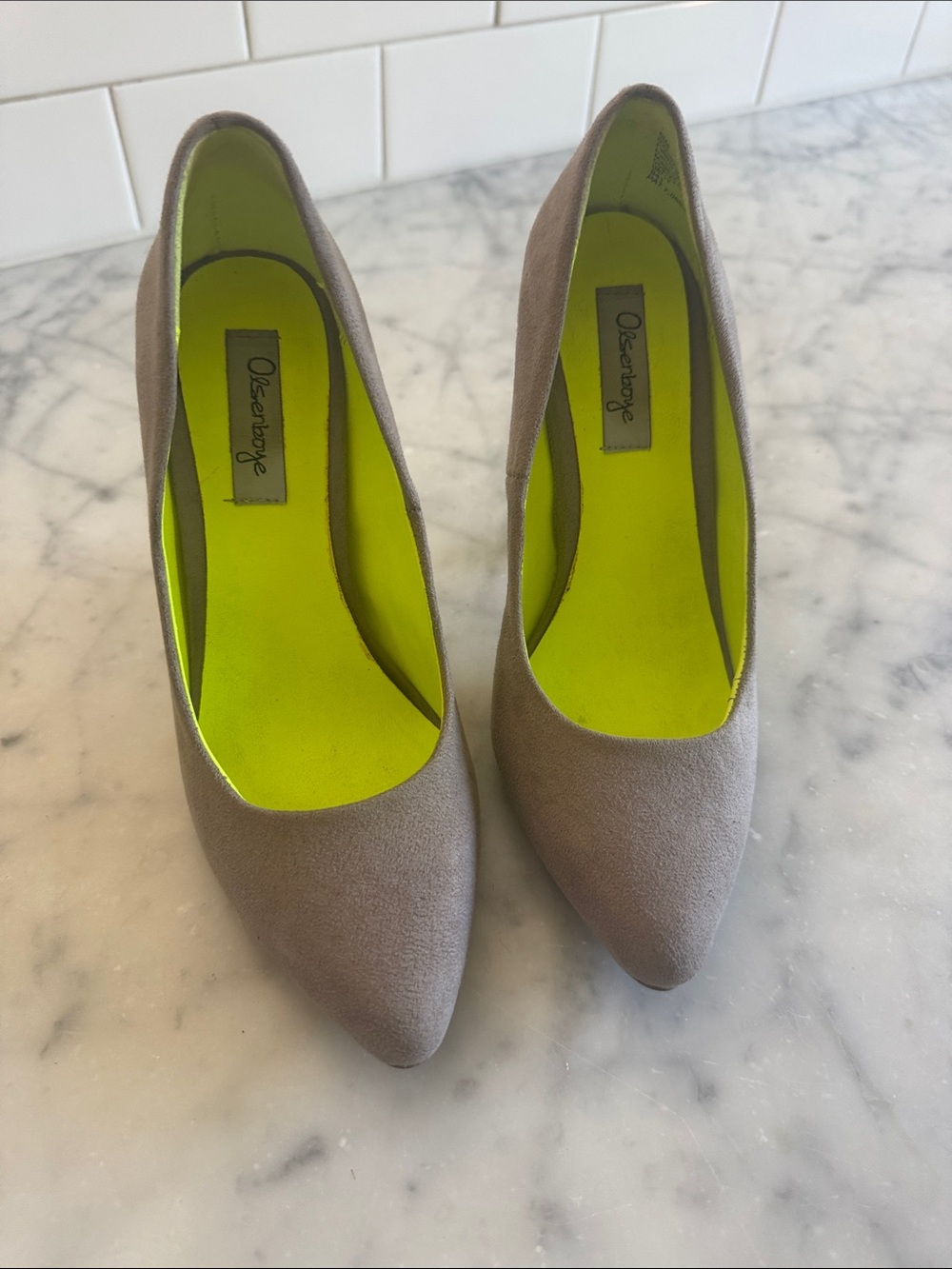 Olsenboye Suede Pointed Toe Heels in Taupe with Lime Interior